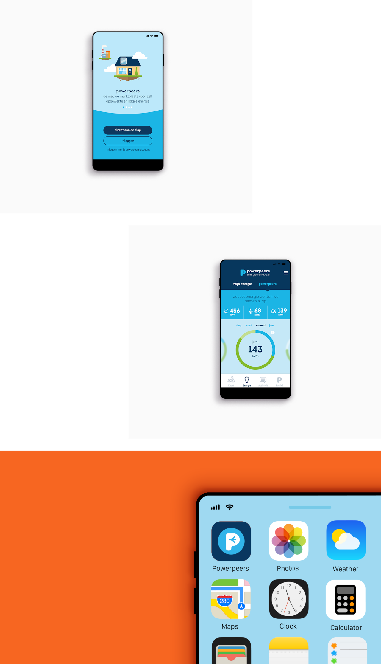 Twee schermen van mobiele telefoons met voorbeelden van de Powerpeers app. Een beeld van een mobiele telefoon met het app icoon van Powerpeers.