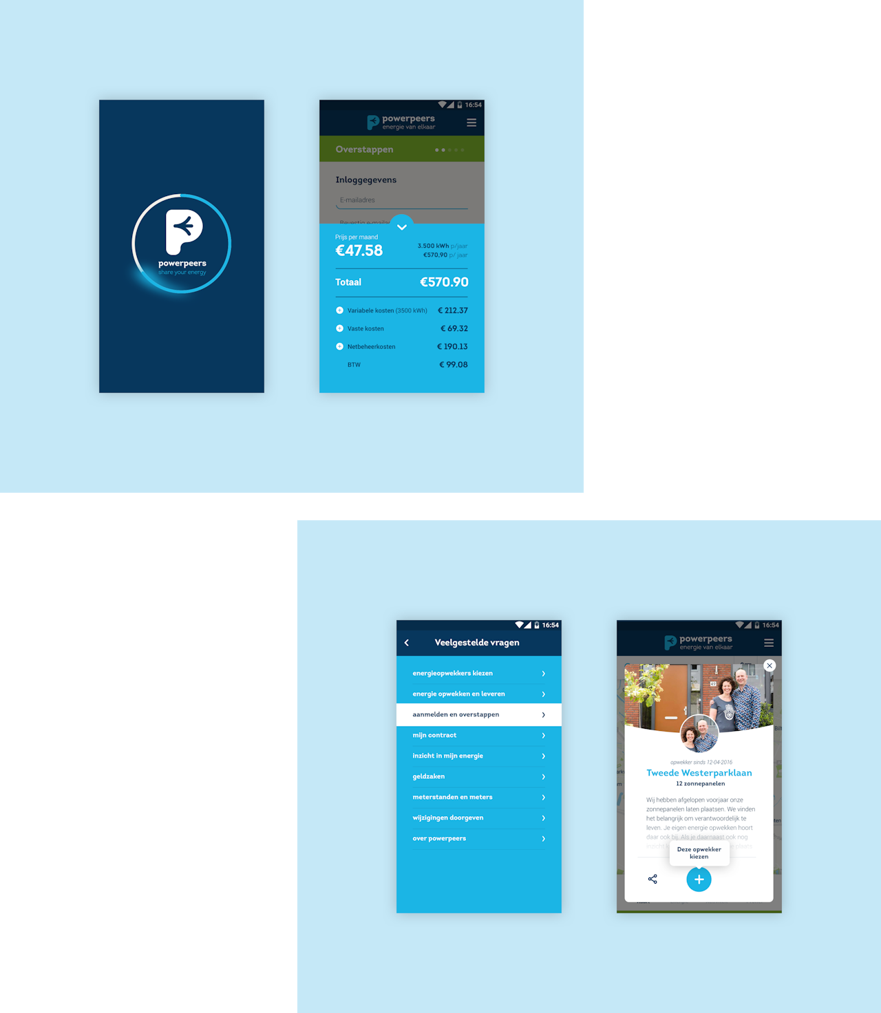 Vier ontwerpen van mobiele schermen van de Powerpeers app