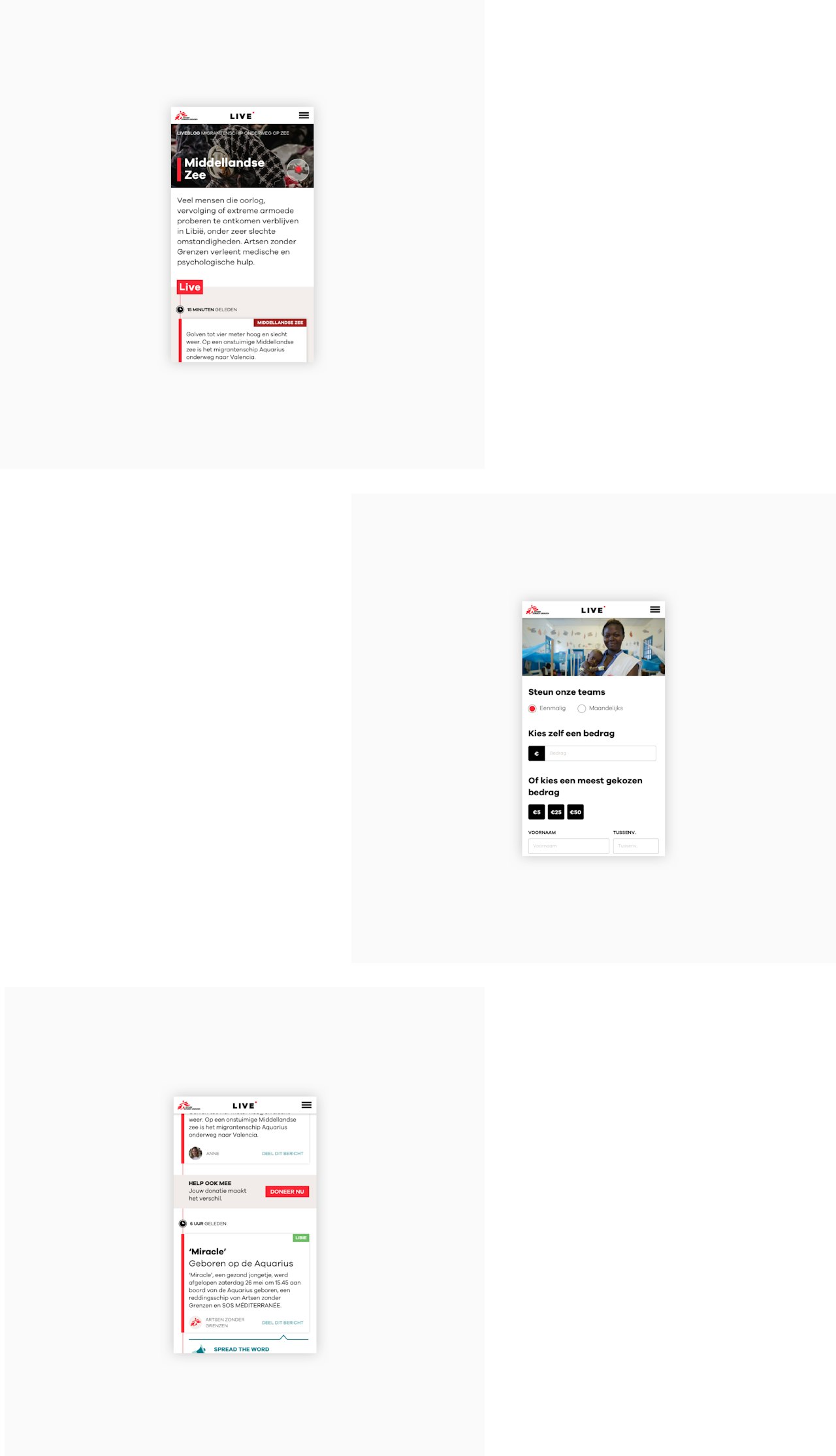 Drie voorbeelden van de Live Artsen zonder Grenzen mobiele pagina's