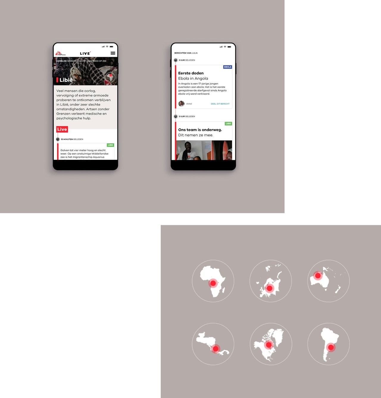 Twee mobiele schermen van de Live Artsen zonder Grenzen website. Zes iconen van alle werelddelen.