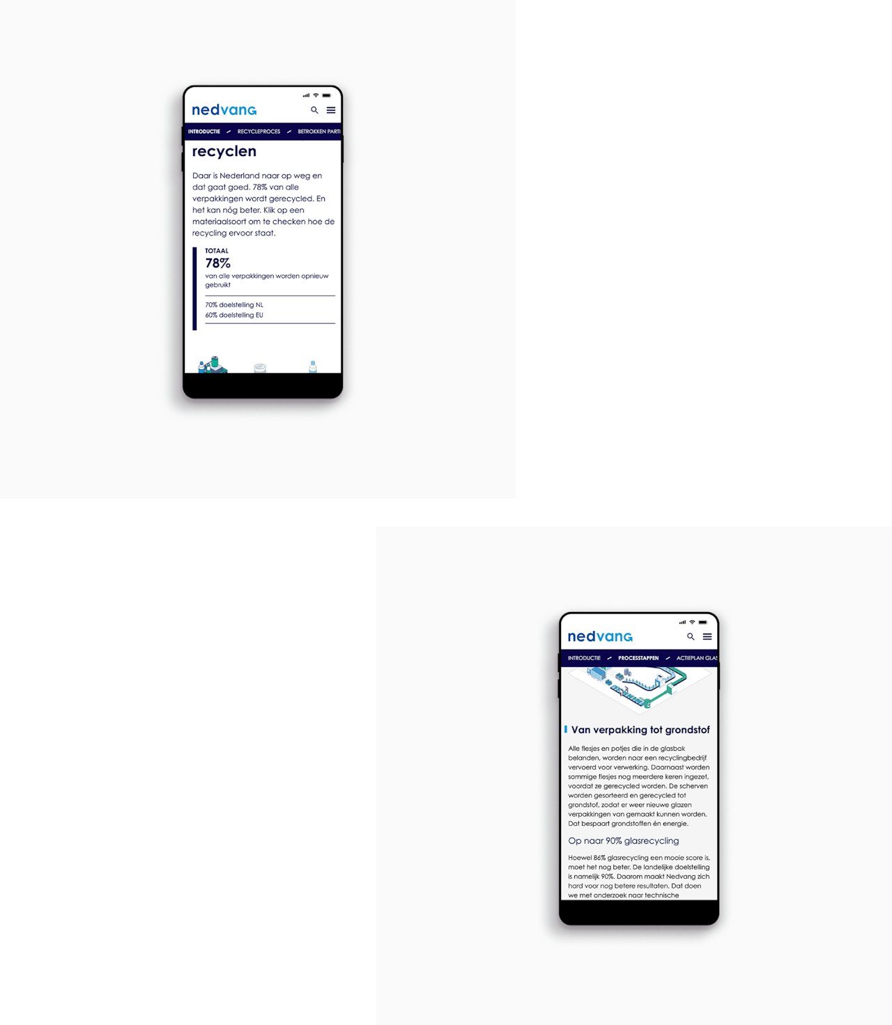 Twee telefoonschermen met afbeeldingen van de Nedvang website