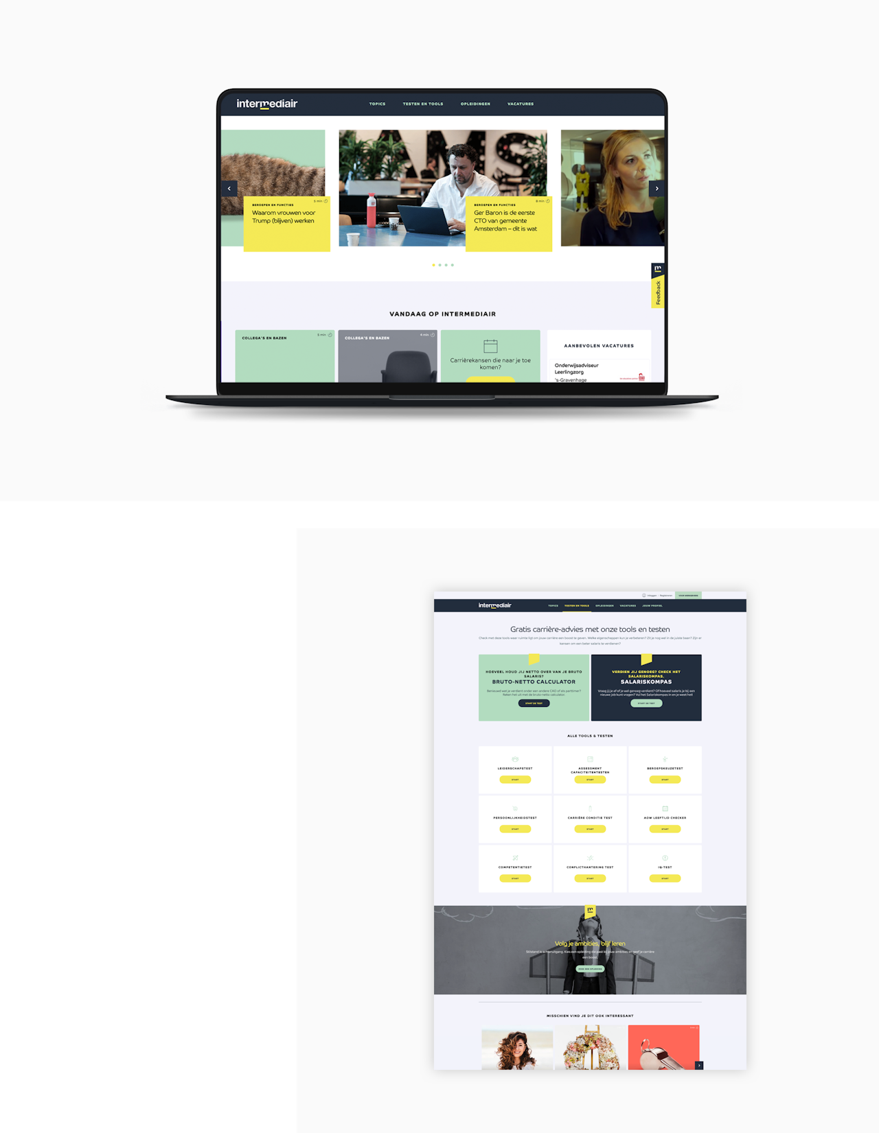 Twee desktop ontwerpen van de Intermediair website