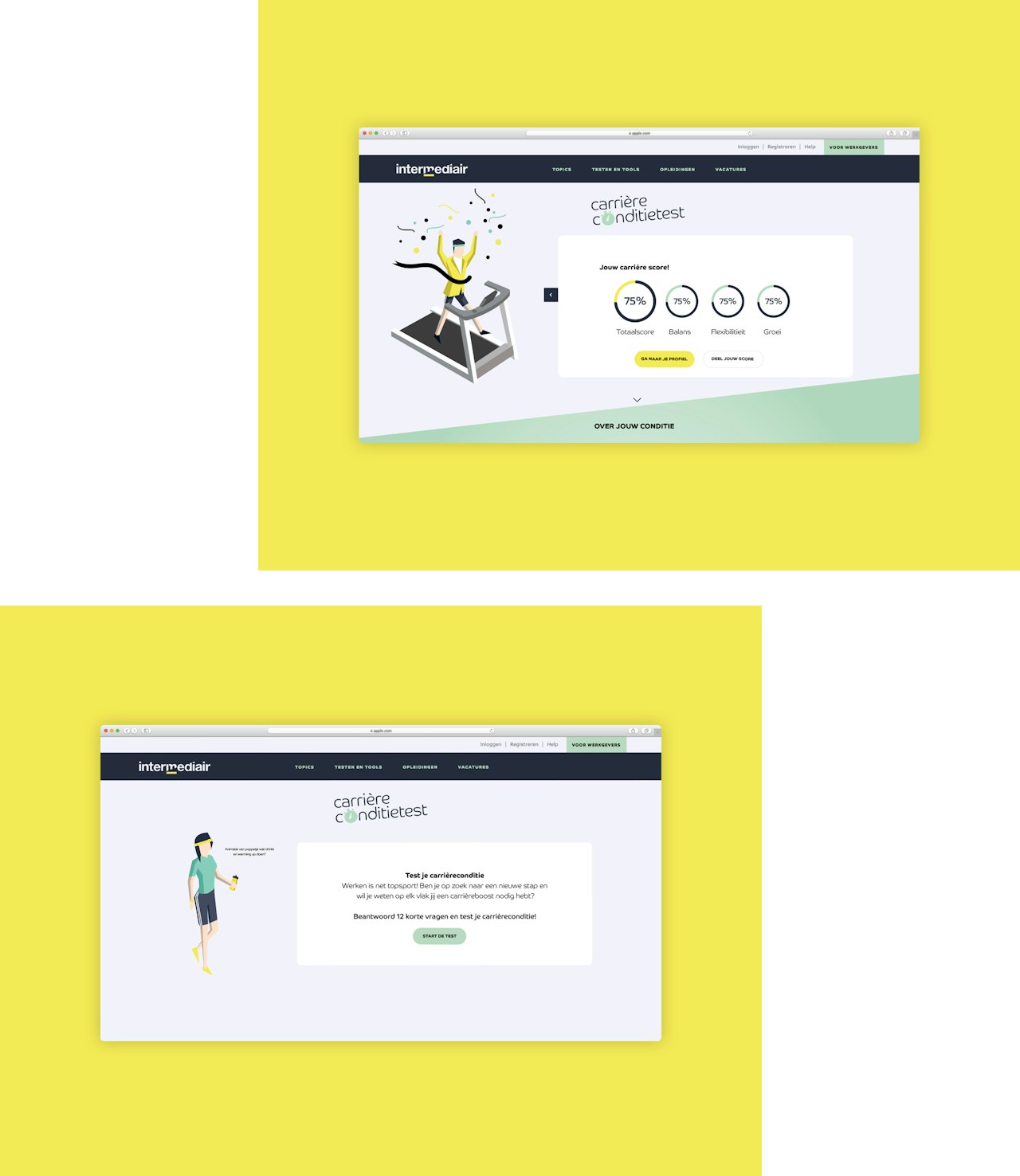 Twee desktop schermen met illustraties van de carriere conditietest van Intermediair