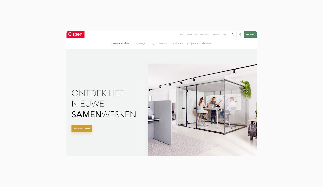 Scherm website gispen.nl met de titel: Ontdek het nieuwe samenwerken.