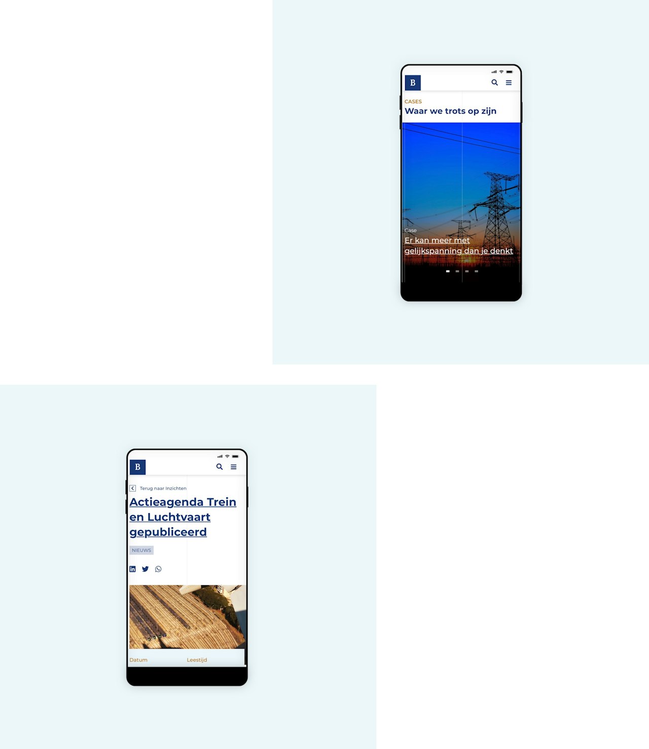 Twee smartphone schermafbeeldingen van berenschot.nl.