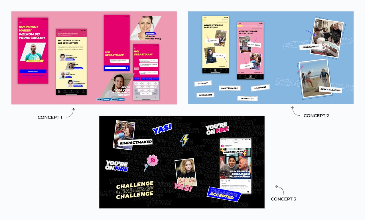 Drie concept ideeën voor de Young Impact Creator app.