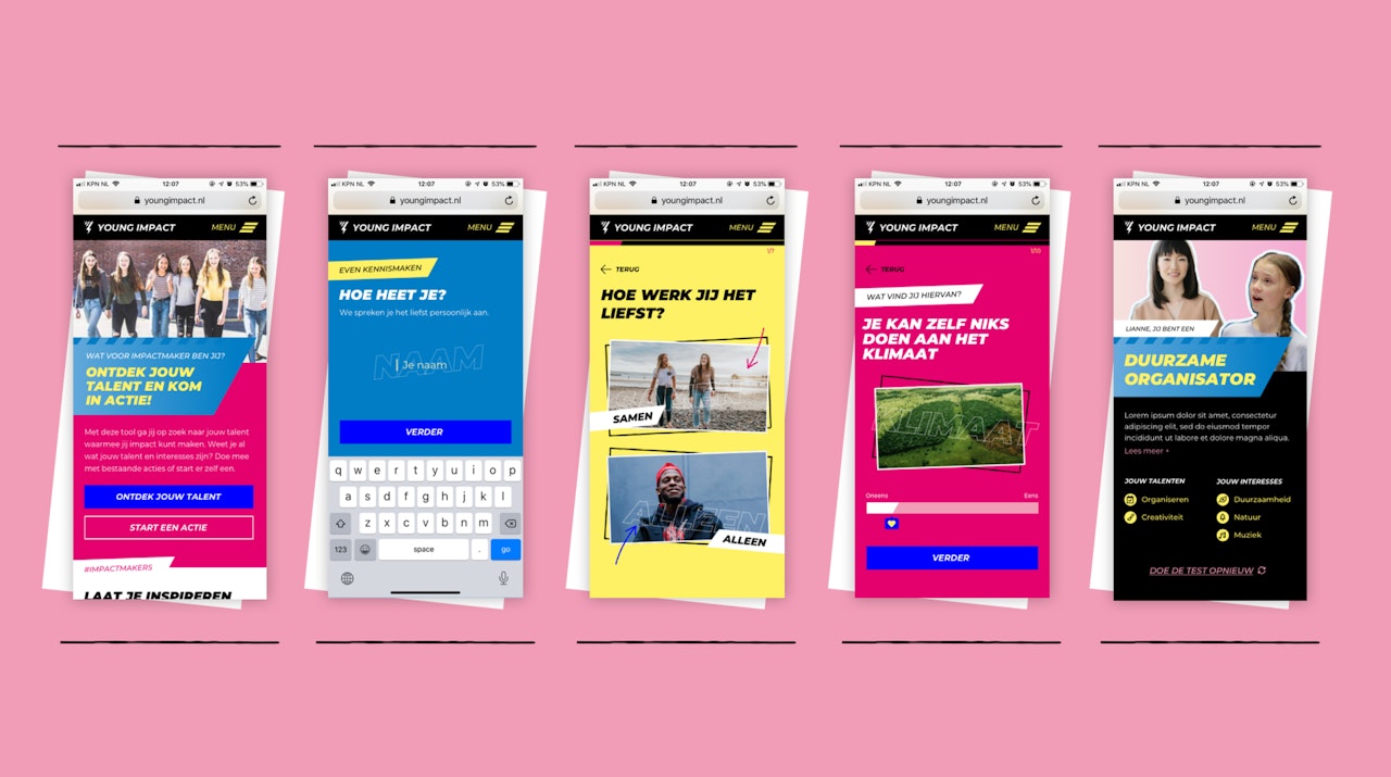 Schermen van de Young Impact Creator app die laten zien hoe de app functioneert.