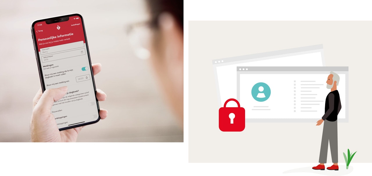 Smartphone in een hand waarop de pagina 'Persoonlijke Informatie' van de Hartstichting app te zien is.