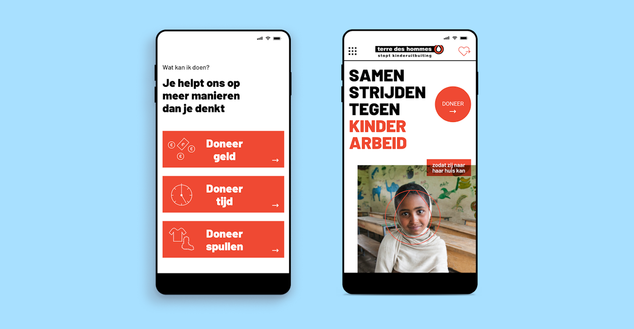 Twee smartphone schermen van de website terredeshommes.nl.