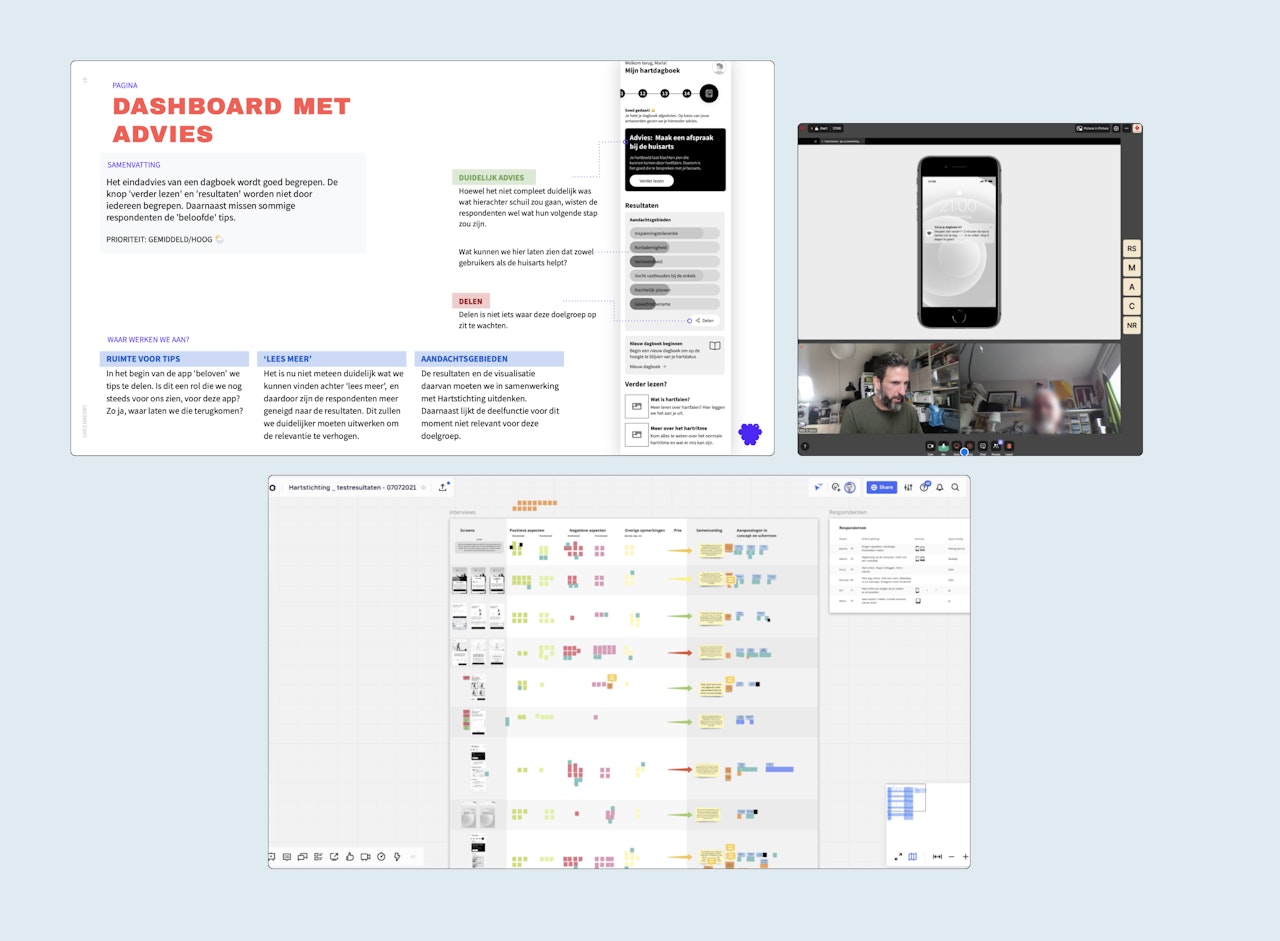 Schermafbeeldingen van het ontwerpproces van de Hartstichting app met als titel Dashboard Met Advies.