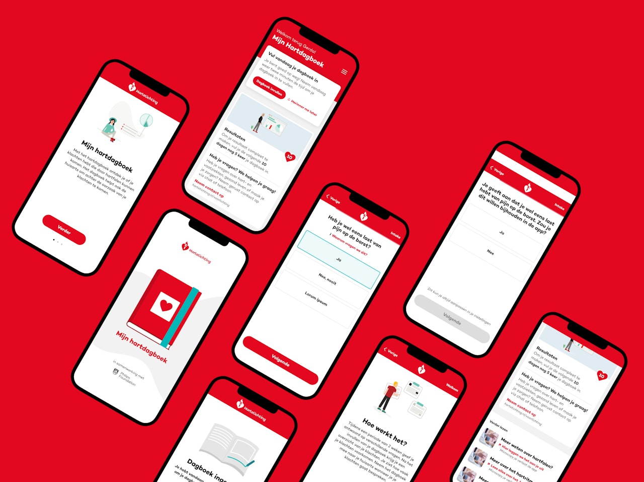 Illustratie van meerdere smartphones naast elkaar op een rode achtergrond met daarop schermafbeeldingen van de hartstichting app.