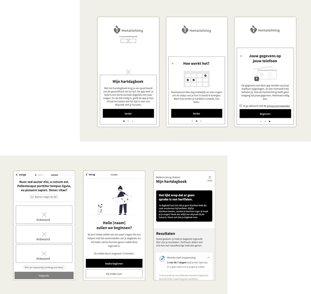 Schermafbeeldingen van het UX design in ontwikkeling van de Hartstichting app
