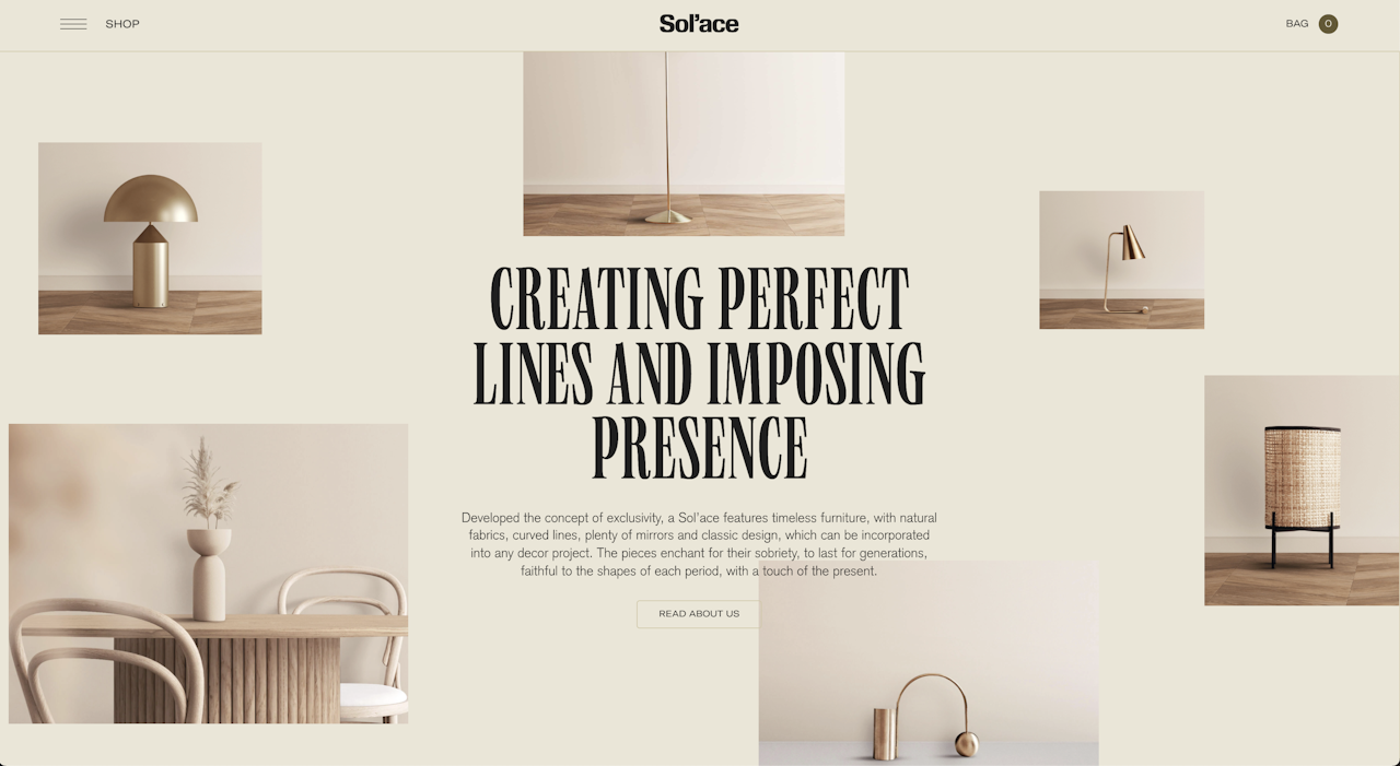 Homepagina van de website Sol'ace met als titel: Creating perfect lines and imposing presence.