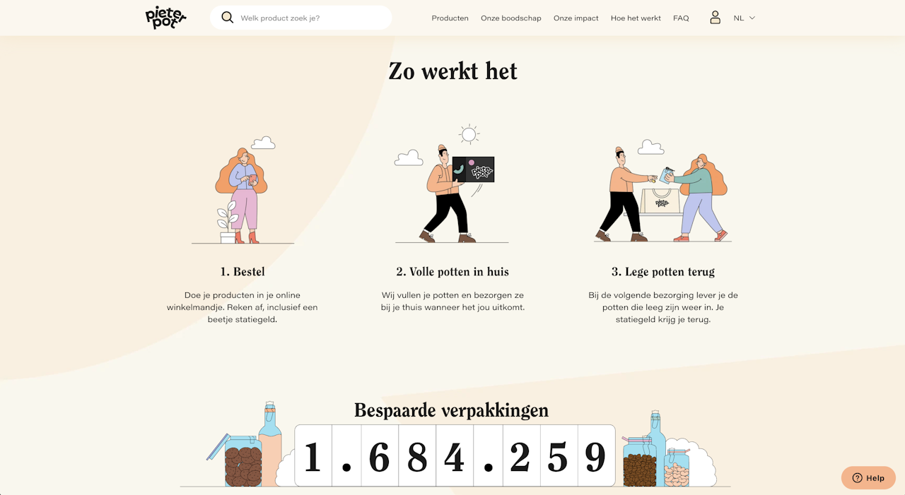 Homepagina website PieterPot waar illustraties van mensen zijn afgebeeld die het concept uitleggen.