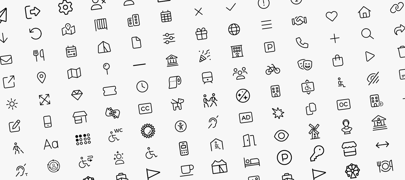 De iconen die I Amsterdam gebruikt op haar website voor toegankelijkheidsvoorzieningen in musea.