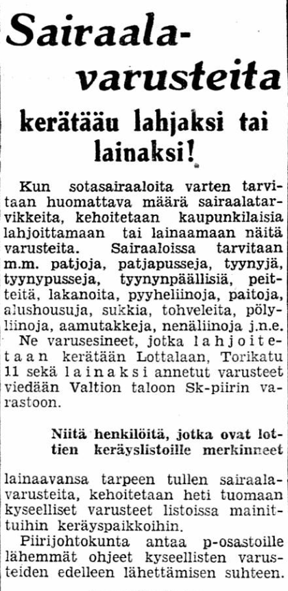 Uutinen Keskisuomalaisesta, jossa kerrotaan kerättävän sairaalavarusteita sotasairaalaan Jyväskylän kaupunkilaisilta.