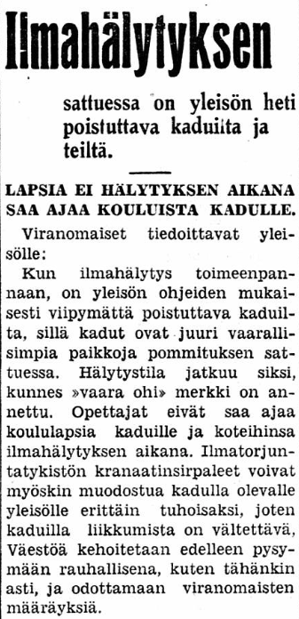 Uutinen Keskisuomalaisesta, jossa kerrotaan toimintatavoista ilmahyökkäyksen aikana.