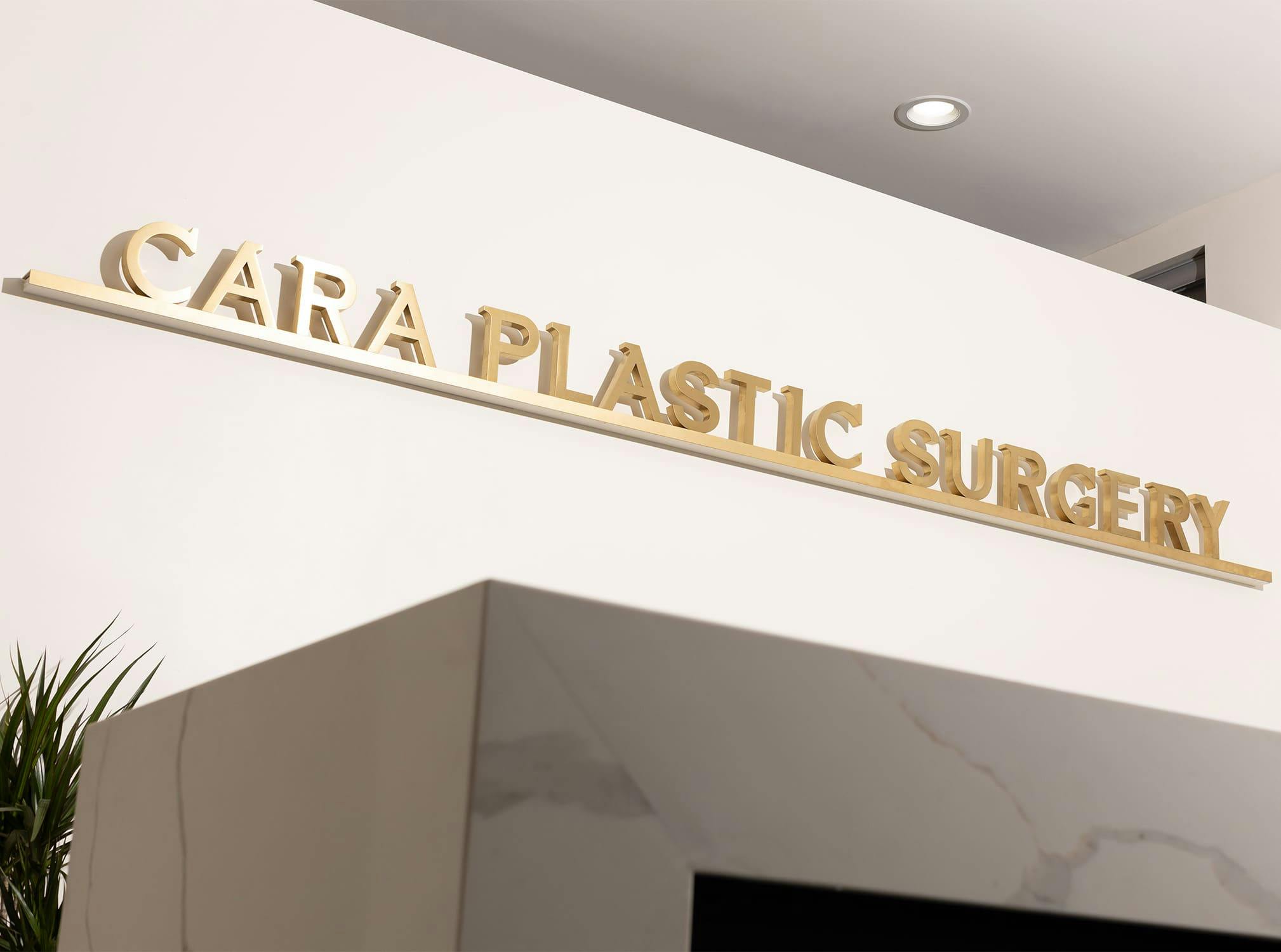 Cara Plastic Surgery in gold on a wall