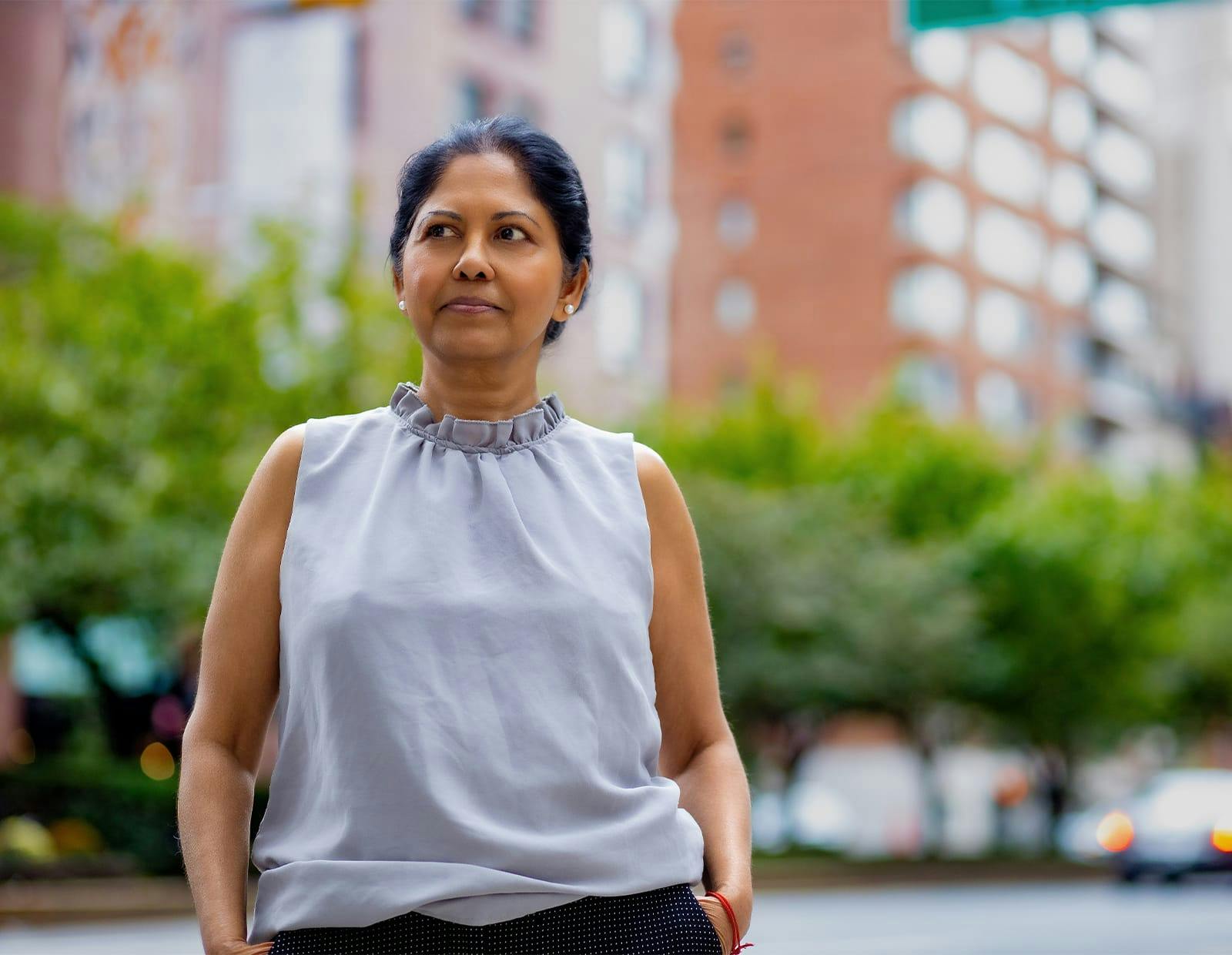 Patient outside a building looking away from camera