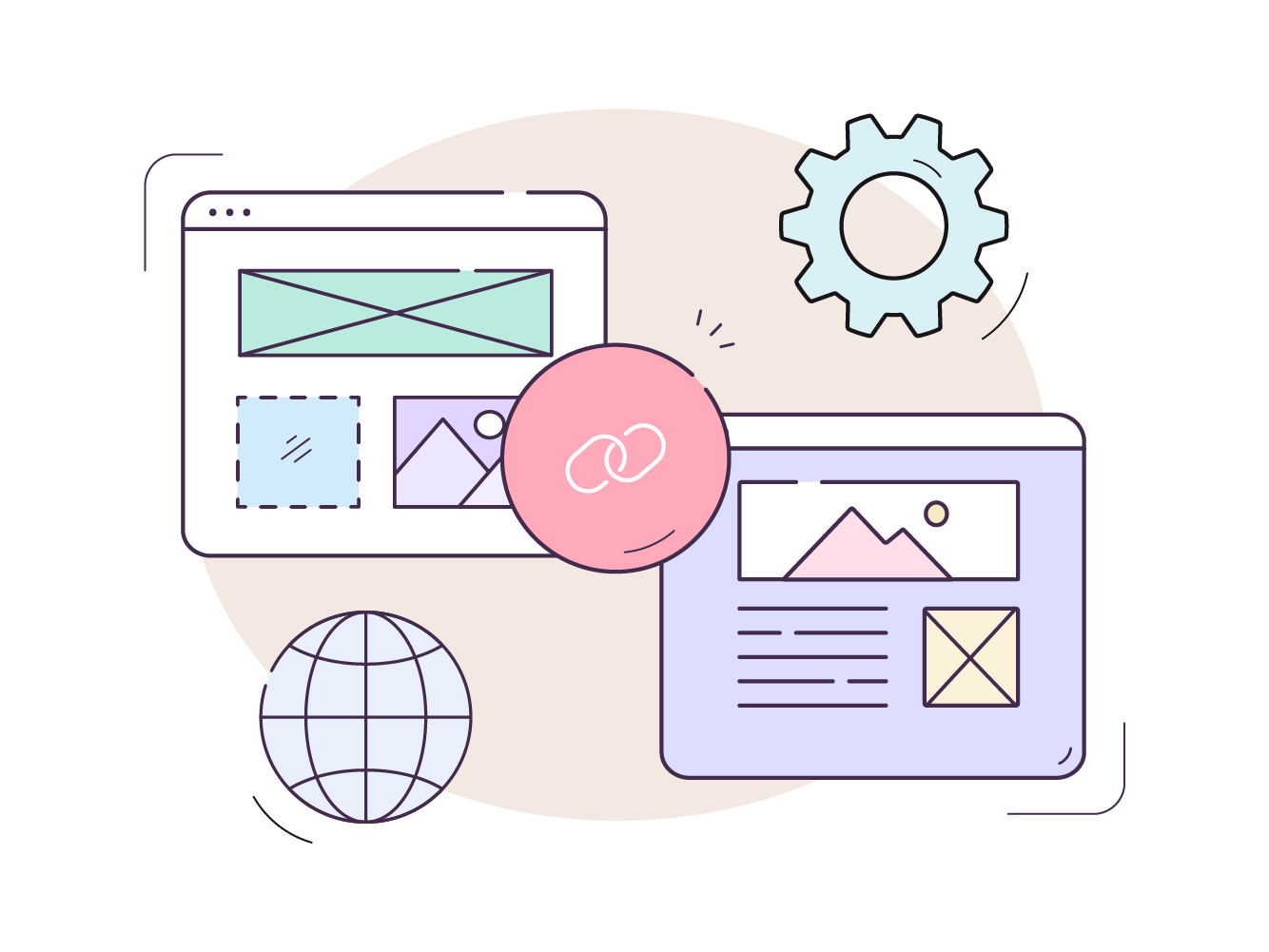 Illustration of two web pages, a cog and a globe.