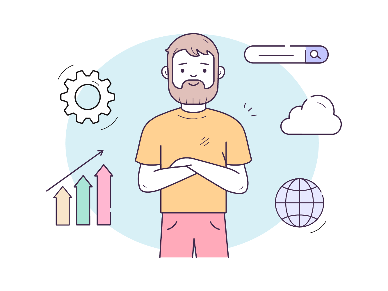 Illustration of person with arms crossed, with various graphics hovering around. 