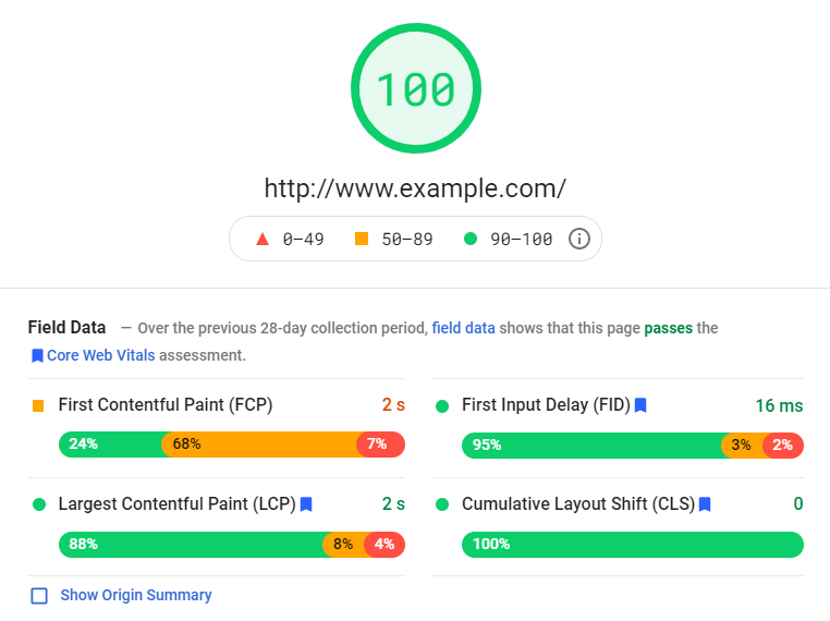 An example of a website's score on Google PageInsights report