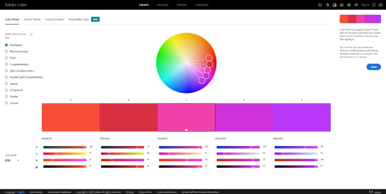 Captura de pantalla de la plataforma de Adobe Color