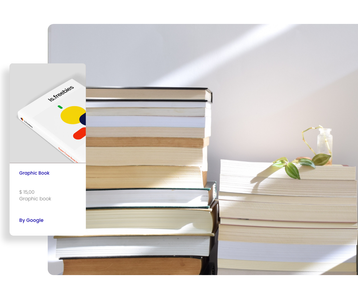 Books stacked with link to online ad