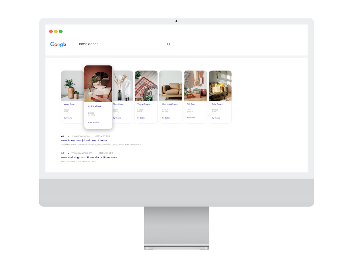 Computer monitor with products for sale showing on Google