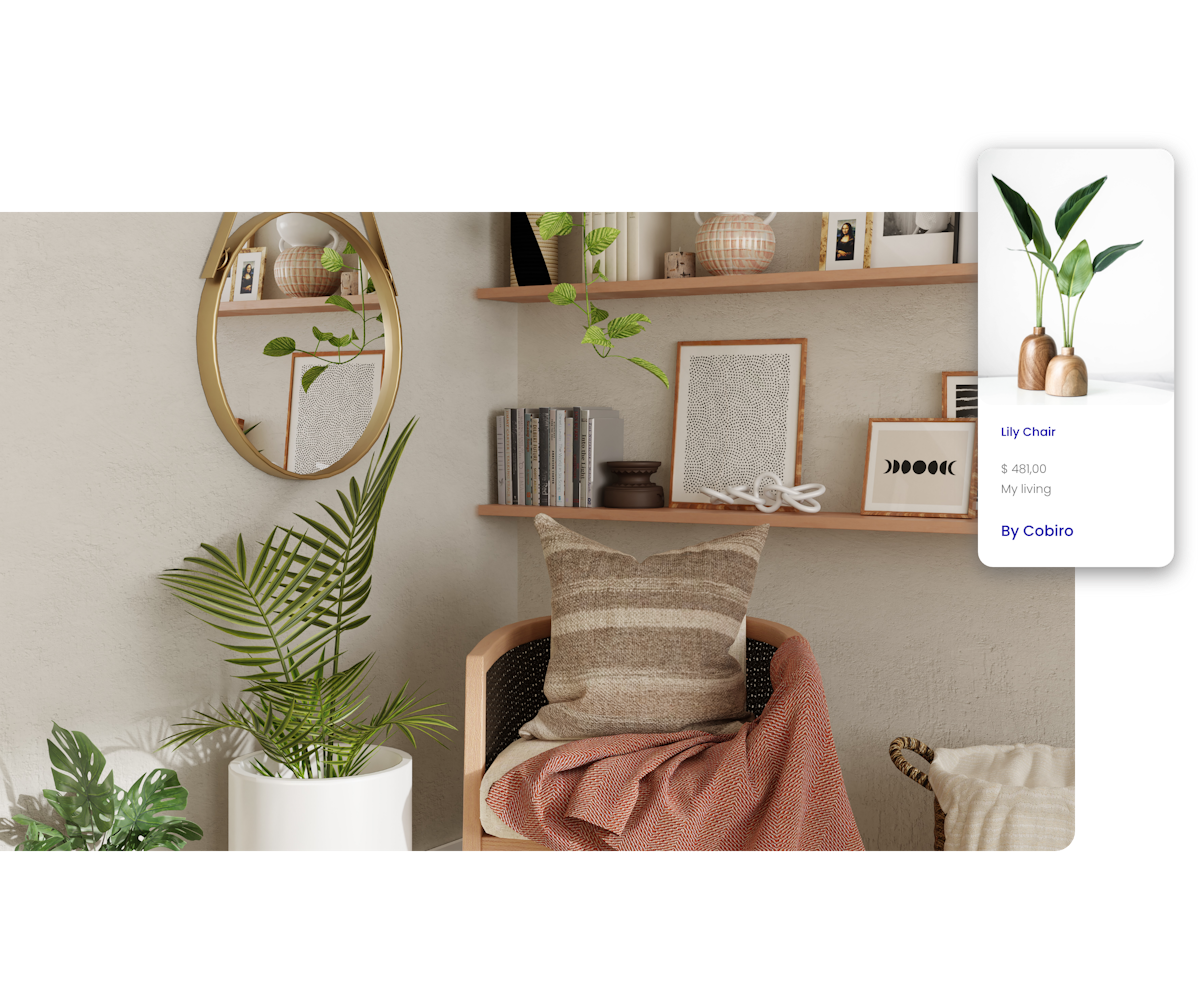 A corner area of a room with plants and shelves