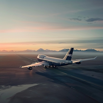 Cargo airplane taking off on a runway at sunset with mountains in the background.