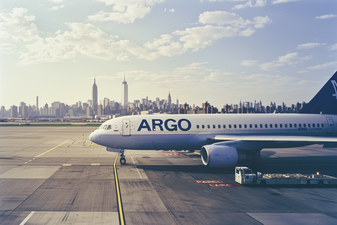 Plane on tarmac labeled "ARGO" with New York City skyline, including Empire State Building, in the background under a partly cloudy sky.