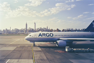 Plane on tarmac labeled "ARGO" with New York City skyline, including Empire State Building, in the background under a partly cloudy sky.