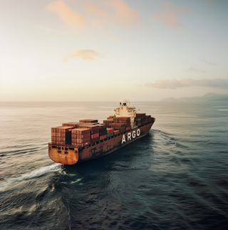 Cargo ship named "ARGO" carrying containers sails on the open sea under a cloudy sky.