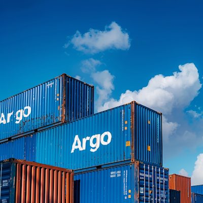 Stacked blue shipping containers labeled "Argo" under a clear sky with scattered clouds.