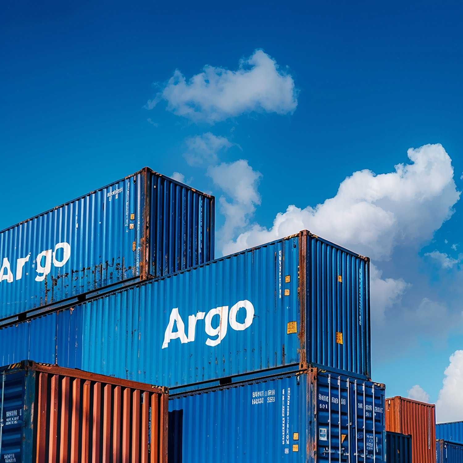 Stacked blue shipping containers labeled "Argo" under a clear sky with scattered clouds.