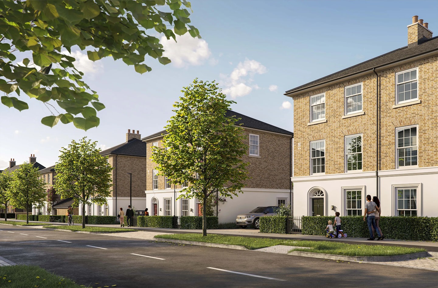 CGI street scene of Welborne Garden Village, showing a row of Georgian style three storey town houses with modern sash windows.