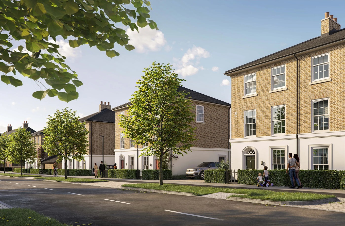 CGI street scene of Welborne Garden Village, showing a row of Georgian style three storey town houses with modern sash windows.