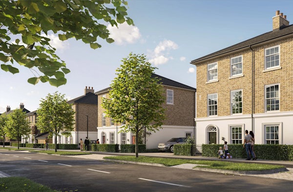 CGI street scene of Welborne Garden Village, showing a row of Georgian style three storey town houses with modern sash windows.