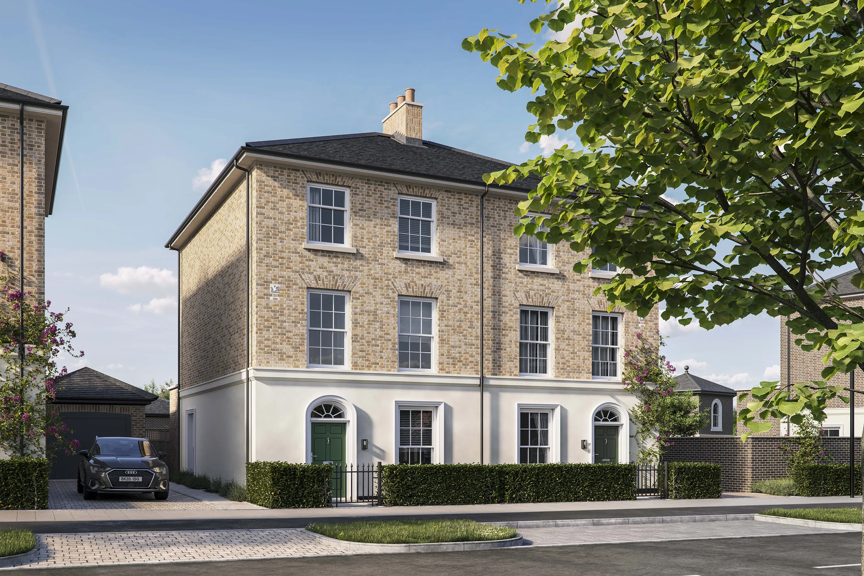 CGI image of the Grosvenor house type by Thakeham at Welborne. Two semi detached three storey Georgian style homes in exposed brick with modern sash windows.