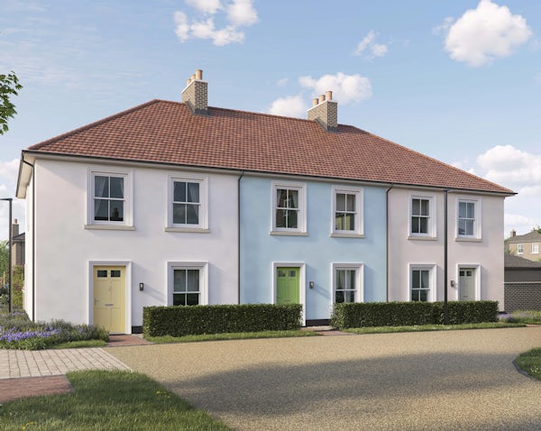 CGI image of the Lansdowne house type by Thakeham at Welborne. A row of three two storey terraced homes in pastel colours with modern sash windows.