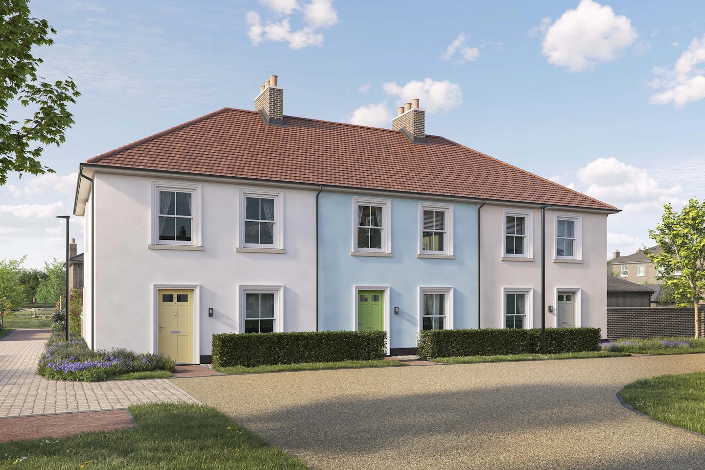 CGI image of the Lansdowne house type by Thakeham at Welborne. A row of three two storey terraced homes in pastel colours with modern sash windows.
