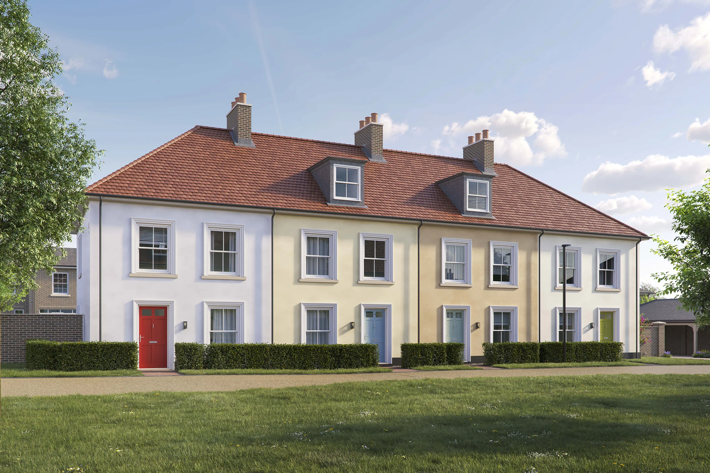 CGI image of the Cavendish house type by Thakeham at Welborne. A row of three two storey terraced homes in pastel colours with modern sash windows.