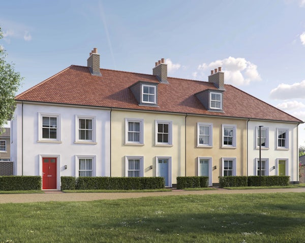 CGI image of the Cavendish house type by Thakeham at Welborne. A row of three two storey terraced homes in pastel colours with modern sash windows.