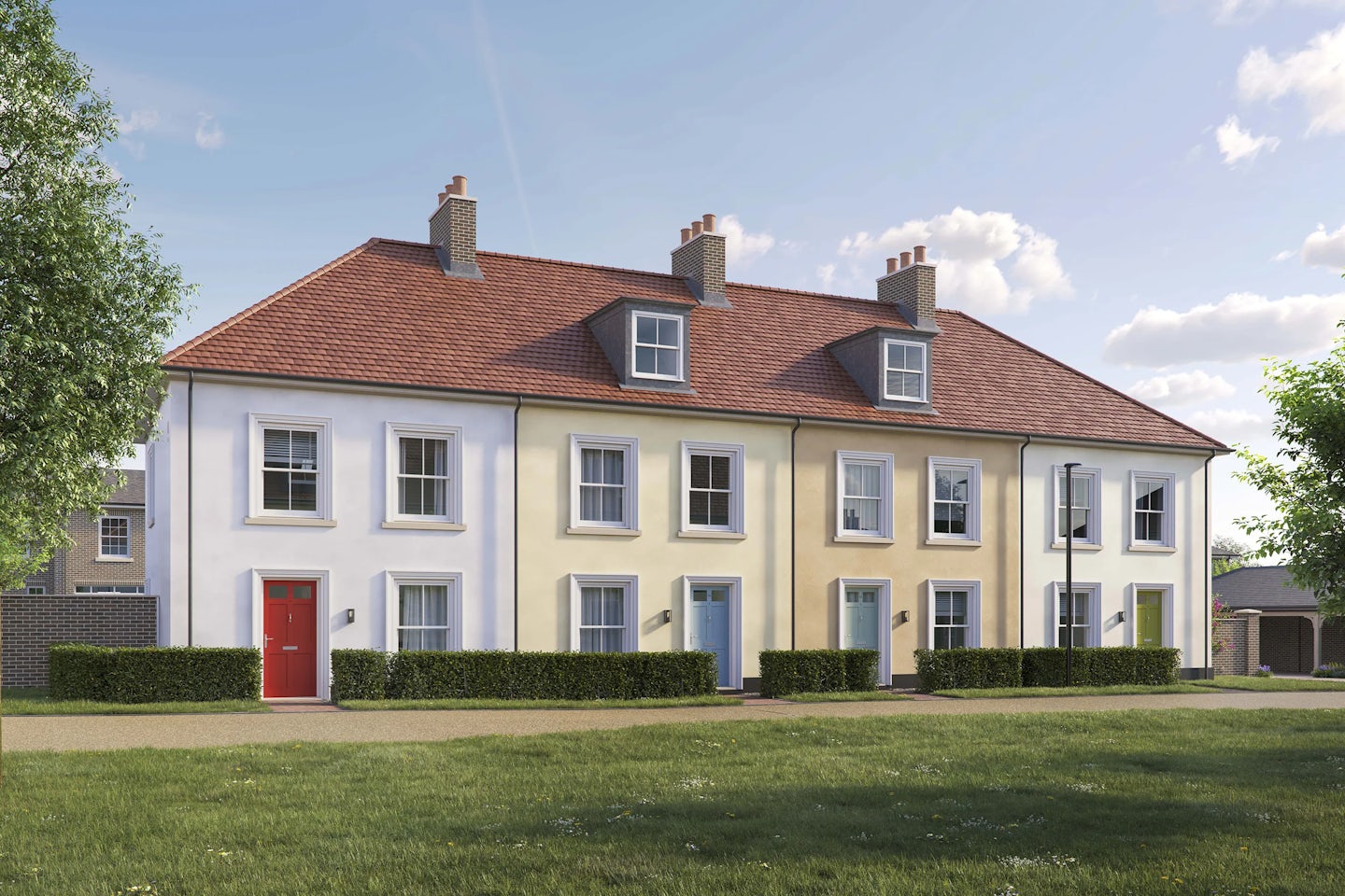 CGI image of the Cavendish house type by Thakeham at Welborne. A row of three two storey terraced homes in pastel colours with modern sash windows.
