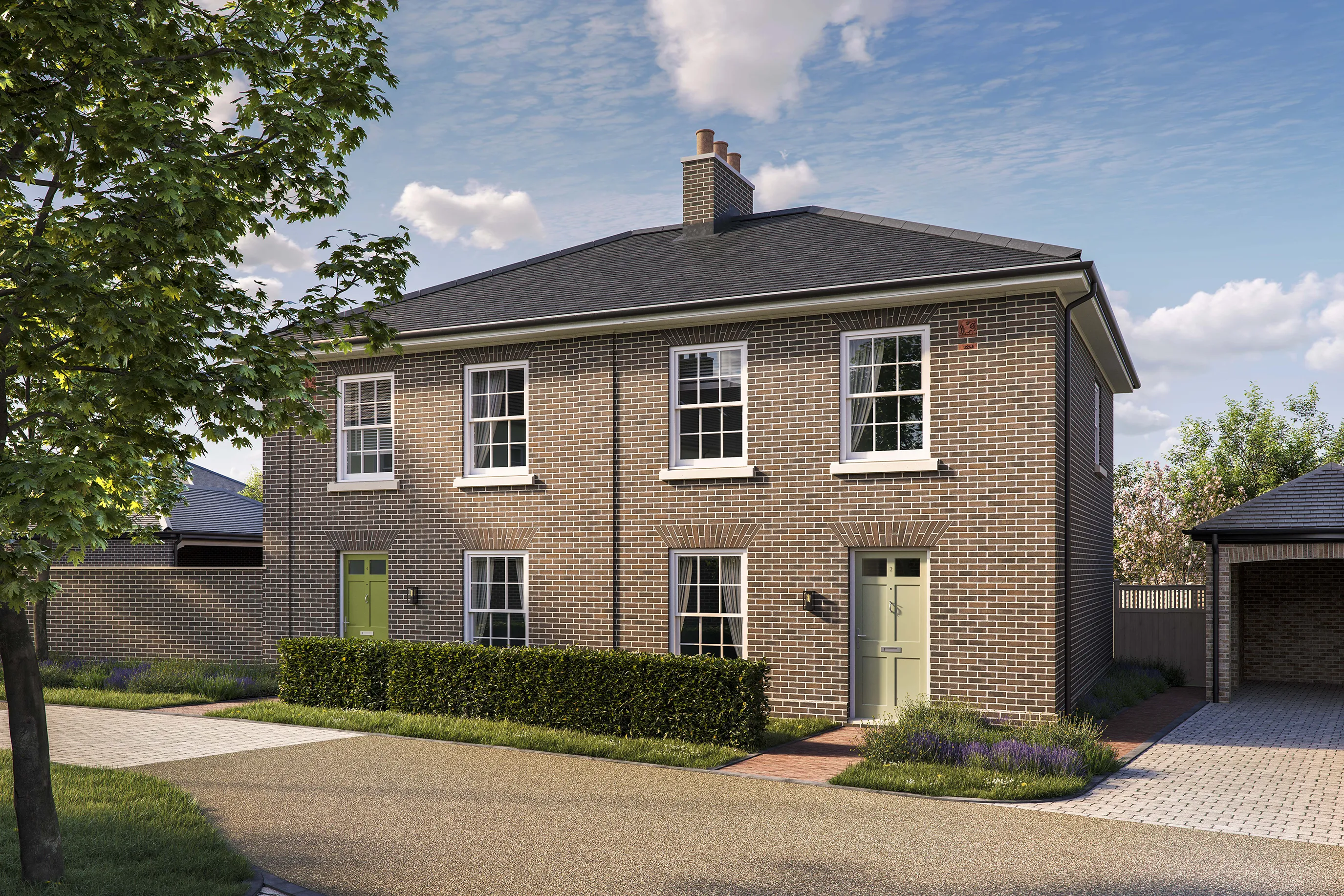 CGI image of the Portland house type by Thakeham at Welborne. Two semi detached homes in exposed brick with modern sash windows.