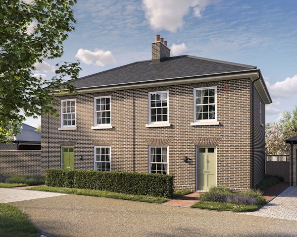 CGI image of the Portland house type by Thakeham at Welborne. Two semi detached homes in exposed brick with modern sash windows.