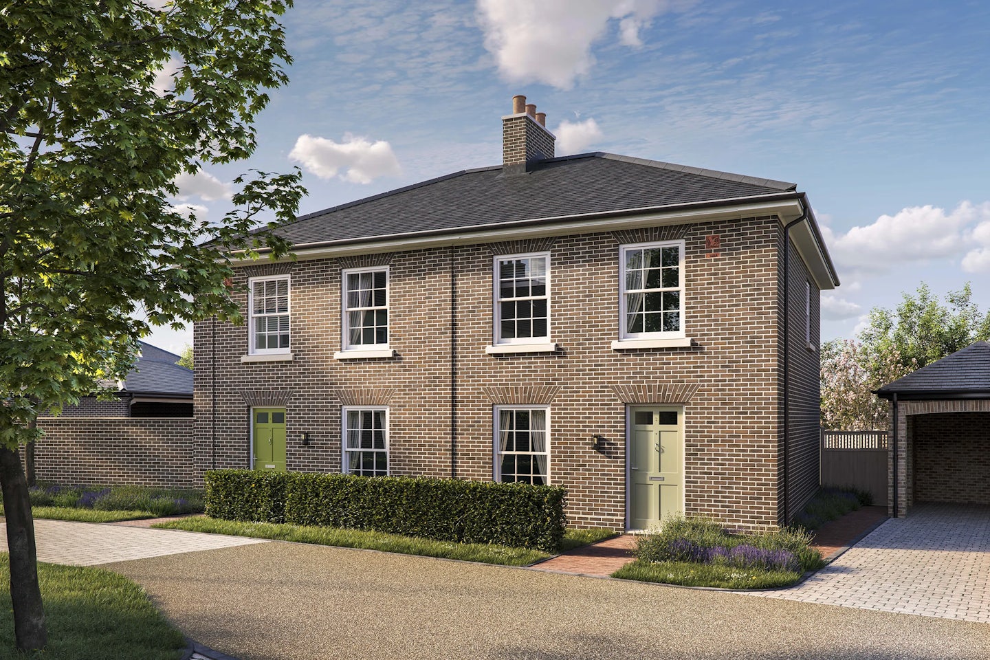 CGI image of the Portland house type by Thakeham at Welborne. Two semi detached homes in exposed brick with modern sash windows.