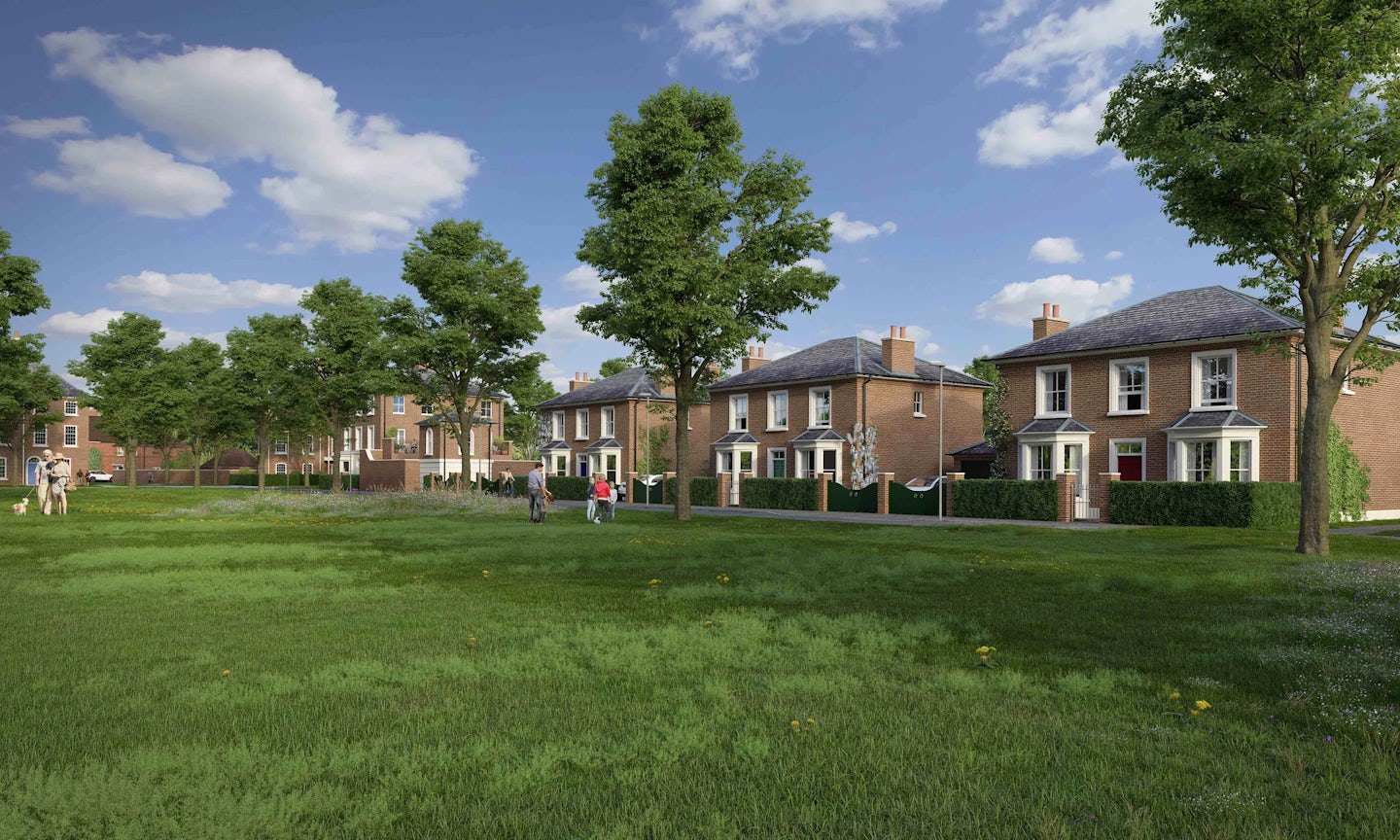 CGI of Welborne Garden Village. The image depicts a picturesque suburban neighborhood with rows of brick houses, each featuring a small front yard and a pathway leading to the entrance. The houses are two-story buildings with chimneys and large windows. Trees line the street, adding shade and greenery to the area. In the foreground, there is a large grassy space with a few people walking and enjoying the open area.