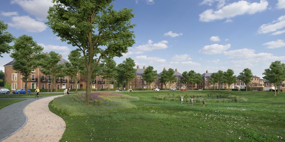 CGI of Welborne Garden Village. The image depicts a peaceful residential area with a spacious green landscape in the foreground. A winding path curves through the grass, leading toward a row of brick houses nestled among trees in the background. A few people are seen walking along the path and standing on the grass.